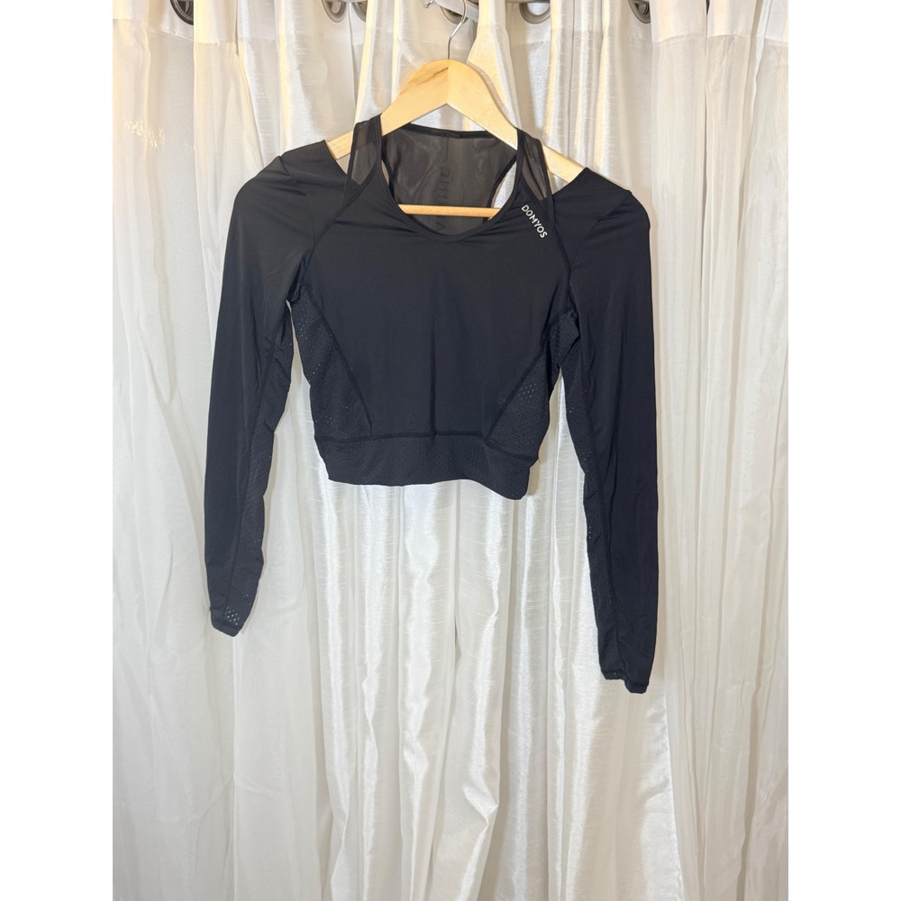 Domyos Crop Top Womens XS Black 360 Cardio Training Mesh Layered Long Sleeve